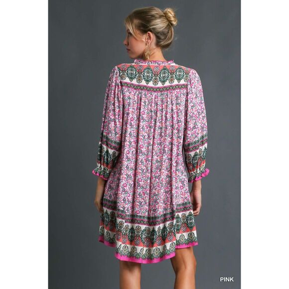 Umgee Boho Floral Mini Dress Pink Hippy Retro Stevie Nicks Vibes S M L - Picture 6 of 9